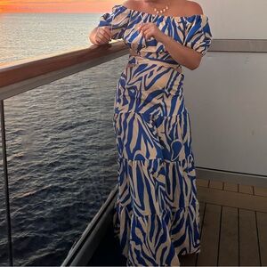 SHEIN Blue and Cream Off-Shoulder Maxi Dress